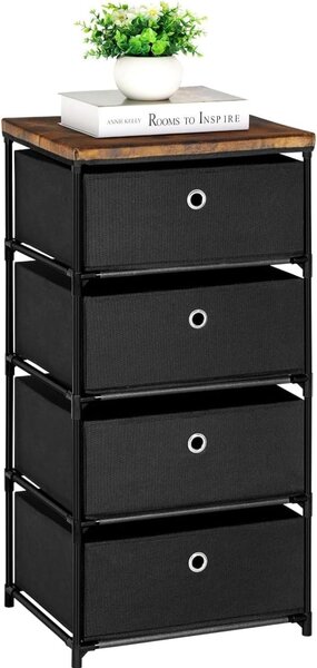 Comodino in tessuto - Mobile contenitore - Organizzazione della camera da letto - Struttura in acciaio - 4 cassetti - Nero