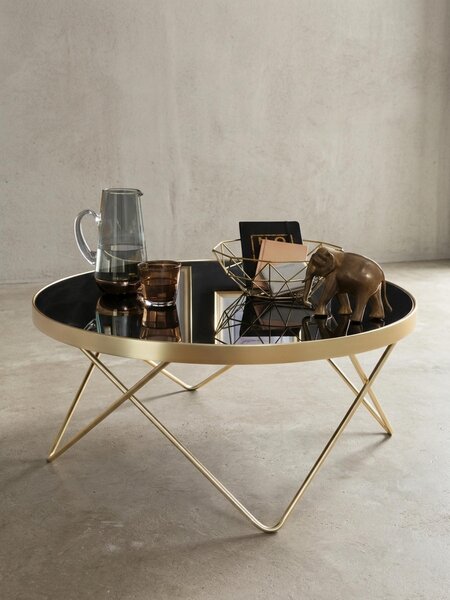 Tavolino Ø 82 cm Nero / oro opaco Tavolino in metallo/vetro, Tavolo con piano in vetro, Tavolino moderno, Grande tavolo da salotto, Tavolo in vetro con struttura in metallo
