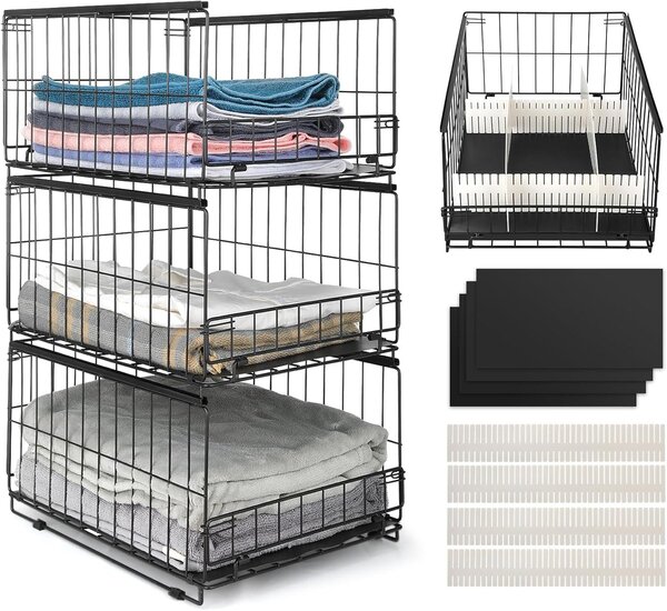 Organizzatore per armadio - Sistema di contenitori - Risparmio di spazio - Design impilabile - 3 pezzi - Nero
