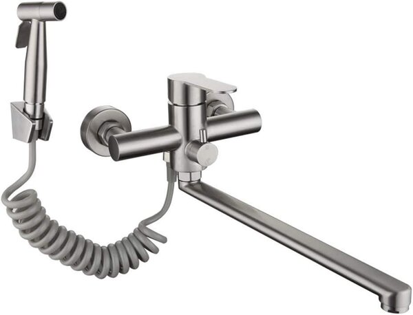 Rubinetto da cucina - Miscelatore a muro con doccetta - Accessorio per la cucina - Rotazione a 360 gradi - Bocchetta da 35 cm - Argento