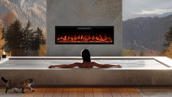 Camino elettrico AFLAMO Elite 128 - fiamma realistica - da parete o da incasso - 128x46x13 cm - camino elettrico decorativo LED con funzione di riscaldamento 750/1500 W