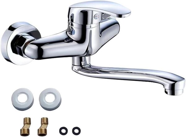 Rubinetto da cucina a parete - Miscelatore per cucina - Flusso rapido - Rotazione a 360 gradi - Braccio da 250 mm - Argento