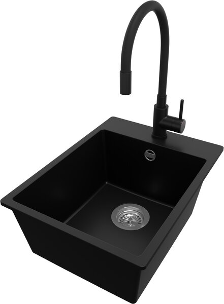Lavello in granito PRIMAGRAN nero 38x50 cm, lavello a vasca singola + rubinetto da cucina 40x38 cm + set di scarico, lavello da cucina per mobili base da 40 cm - Riga