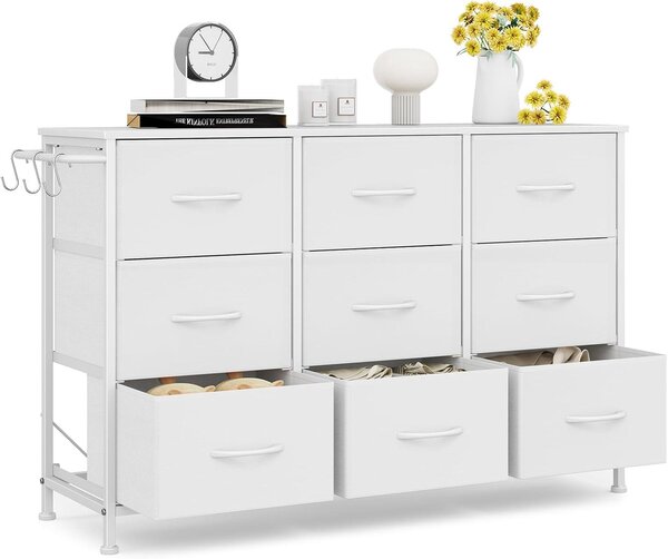 Comodino da camera da letto - Contenitore per abbigliamento - Organizzazione degli spazi - 9 cassetti in tessuto - 100x30x65 cm - Bianco
