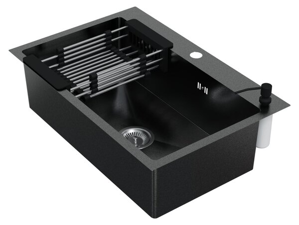 HAGO24 Lavello da incasso 68x45 cm in acciaio inossidabile per cucina, lavello angolare, set di scarico, insonorizzazione, universale, antracite, dispenser di sapone, cestello scolapiatti