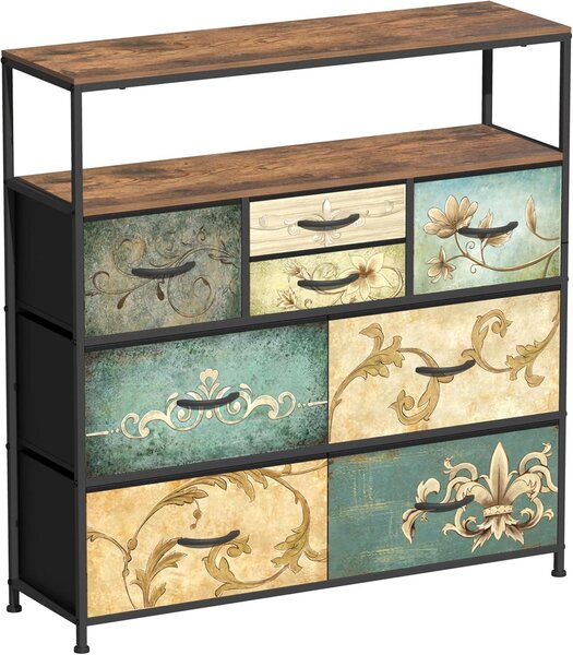 Comodino con cassetti - Mobile contenitore - Soluzione per l'organizzazione domestica - Motivi vintage - 100 x 102 cm - Marrone