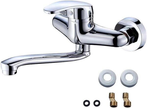 Rubinetto da cucina a parete - Miscelatore per cucina - Flusso rapido - Rotazione a 360 gradi - Braccio da 250 mm - Argento