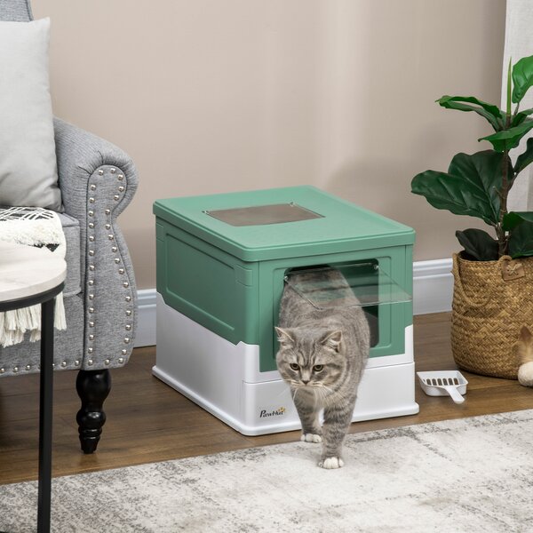 PawHut Lettiera per Gatti Chiusa con Paletta, Vassoio Estraibile e 2 Porte, 47.5x35.5x36.7cm, Verde|Aosom