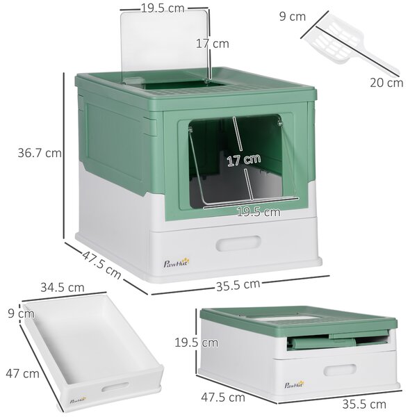 PawHut Lettiera per Gatti Chiusa con Paletta, Vassoio Estraibile e 2 Porte, 47.5x35.5x36.7cm, Verde|Aosom