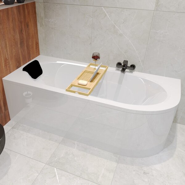 BADLAND vasca angolare rettangolare Avita SINISTRA 150x75 con set di scarico e piedini + cuscino da bagno nero KODI | BADLAND AVITA
