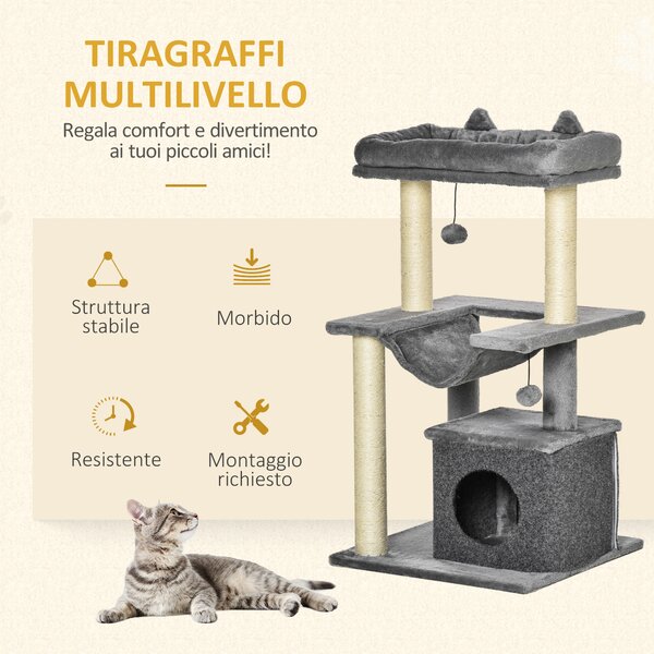 PawHut Albero Tiragraffi con Corde Sisal, Casetta e Amaca, Rivestimento Peluche e Feltro, Altezza 100cm, Grigio|Aosom