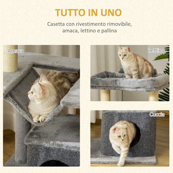 PawHut Albero Tiragraffi con Corde Sisal, Casetta e Amaca, Rivestimento Peluche e Feltro, Altezza 100cm, Grigio|Aosom