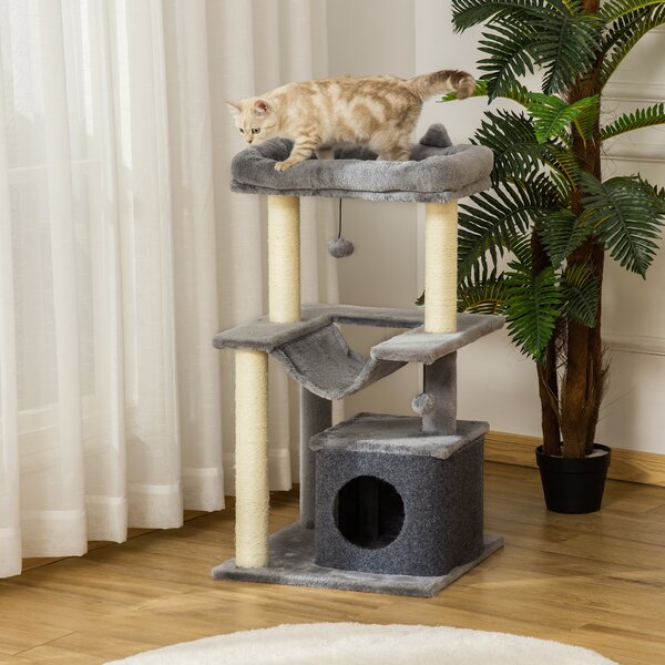 PawHut Albero Tiragraffi con Corde Sisal, Casetta e Amaca, Rivestimento Peluche e Feltro, Altezza 100cm, Grigio|Aosom