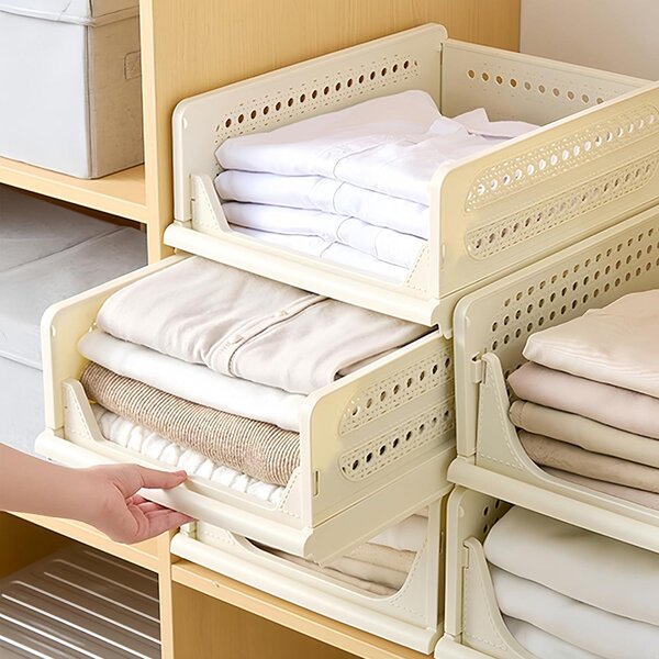 Organizzatore per cassetti - Contenitore per cassetti - Per riporre vestiti - Impilabile e pieghevole - Confezione da 3 pezzi - Beige