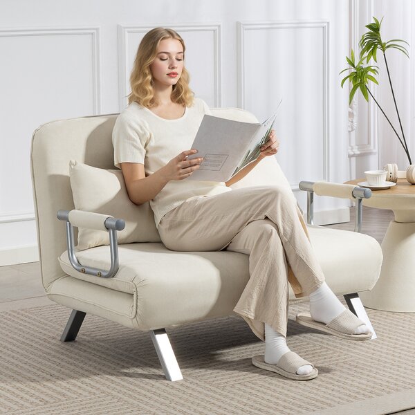 HOMCOM Divano letto 2 posti con schienale regolabile e 2 cuscini, rivestimento in tessuto effetto scamosciato, Beige | Aosom Italy