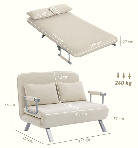 HOMCOM Divano letto 2 posti con schienale regolabile e 2 cuscini, rivestimento in tessuto effetto scamosciato, Beige | Aosom Italy