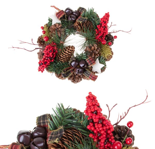 Set 2 Corone Natalizie con Pigne e Fiocchi Ø22 cm Rosso