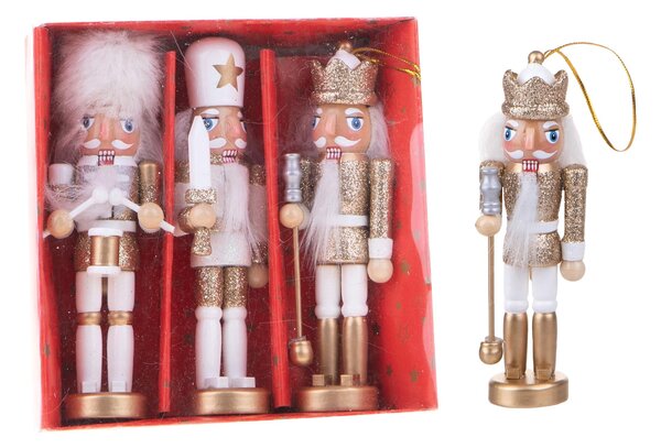Set 3 Schiaccianoci Natalizio in Legno H12,5 cm Bianco/Oro