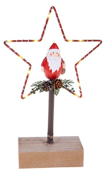 Set 2 Stella Babbo Natale con Led 22 cm in Metallo e Legno Rosso