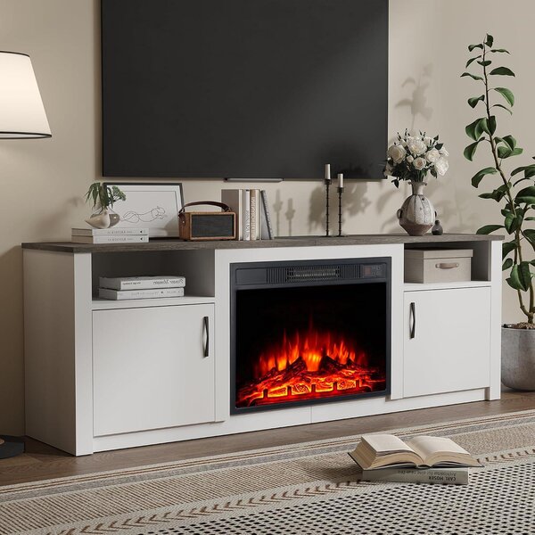 Mobile TV con camino elettrico - Centro multimediale - Arredamento soggiorno - Effetto fiamme realistico - Larghezza 157 cm - Bianco