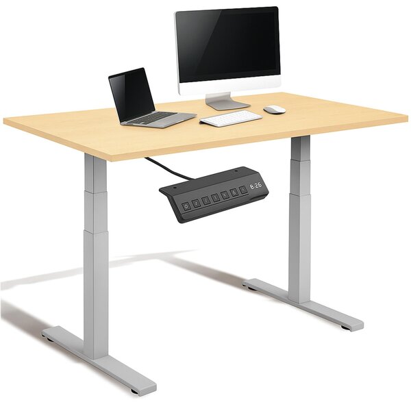 Scrivania da ufficio regolabile in altezza, colore grigio, piano in impiallacciatura di acero con rivestimento in resina melaminica, dimensioni 160x80 cm
