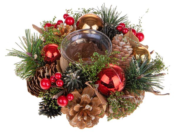 Set 4 Porta Candela con Sfere Decorative e Bacche Ø15 cm Rosso