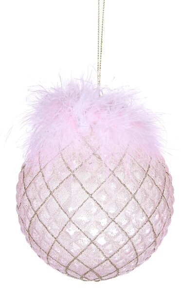 Set 4 Palline Decorative per Albero di Natale con Piume Ø10 cm Rosa/Champagne