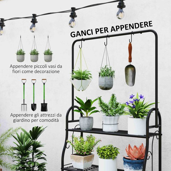 Outsunny Portapiante a 3 Livelli con Barra Appendiabiti e Ganci, Scaffale in Metallo per Fiori e Vasi, per Interno ed Esterno, Balcone, Soggiorno, Camera da Letto, Nero | Aosom Italy