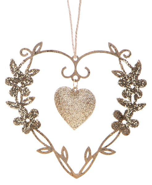 Set 4 Cuore Metallo con Glitter 12 cm Oro
