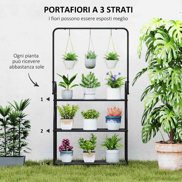Outsunny Portapiante a 3 Livelli con Barra Appendiabiti e Ganci, Scaffale in Metallo per Fiori e Vasi, per Interno ed Esterno, Balcone, Soggiorno, Camera da Letto, Nero | Aosom Italy