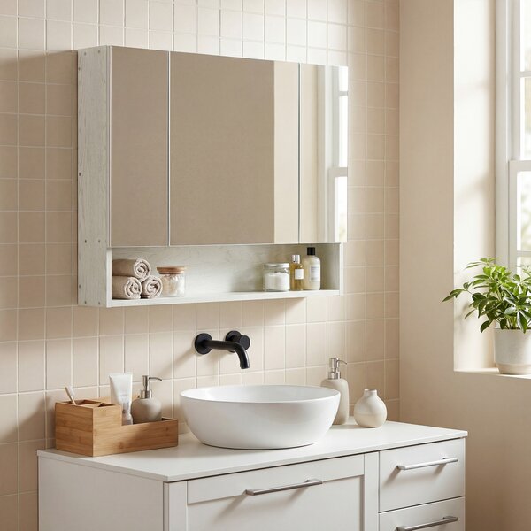 Kleankin Armadietto Moderno da Bagno con Specchio a 4 Sezioni con Ripiani Regolabili, a Parete in Legno e Vetro, 90x15x75 cm, Grigio| Aosom Italy