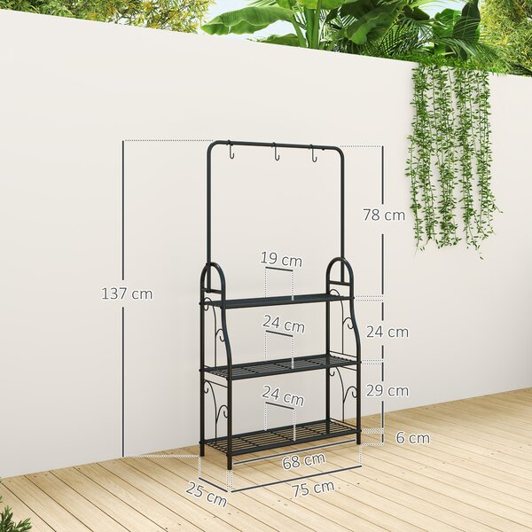 Outsunny Portapiante a 3 Livelli con Barra Appendiabiti e Ganci, Scaffale in Metallo per Fiori e Vasi, per Interno ed Esterno, Balcone, Soggiorno, Camera da Letto, Nero | Aosom Italy