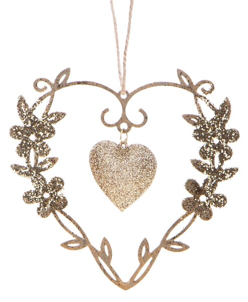Set 4 Cuore Metallo con Glitter 12 cm Oro