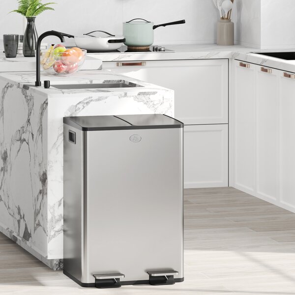 HOMCOM Pattumiera Differenziata 2 Scomparti 20L da Cucina a Pedale, Cestino Spazzatura con 2 Coperchi a Chiusura Silenziosa in Acciaio Inox e PP, 45.8x36x51.6 cm, Argento | Aosom Italy