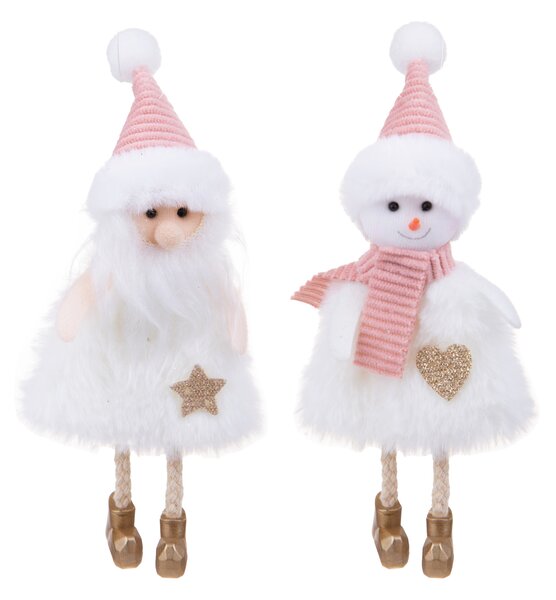 Set di 12 Babbo Natale+Pupazzo Neve H17 cm Bianco/Rosa