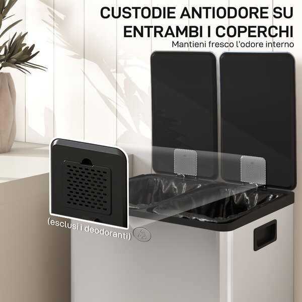 HOMCOM Pattumiera Differenziata 2 Scomparti 20L da Cucina a Pedale, Cestino Spazzatura con 2 Coperchi a Chiusura Silenziosa in Acciaio Inox e PP, 45.8x36x51.6 cm, Argento | Aosom Italy