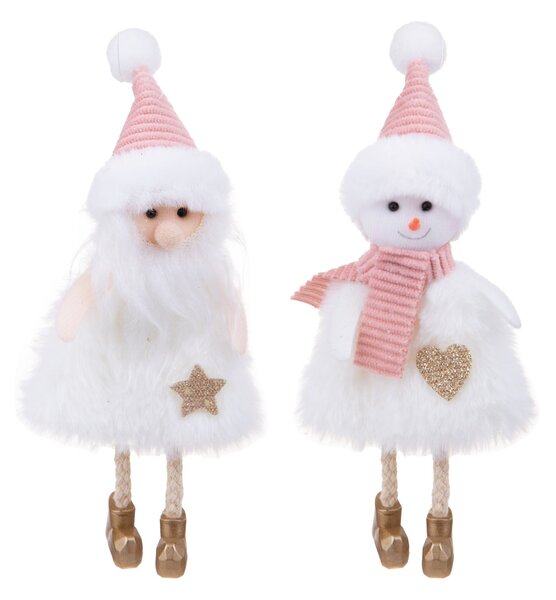 Set di 12 Babbo Natale+Pupazzo Neve H17 cm Bianco/Rosa
