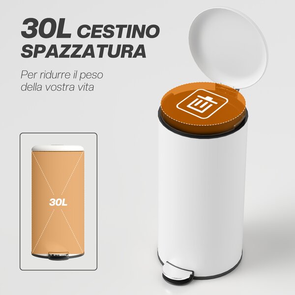HOMCOM Bidone Immondizia a Pedale da 30L con Coperchio a Chiusura Morbida, Cestino Rifiuti in Metallo e PP, 36x30x63.5 cm, Bianco Crema | Aosom Italy