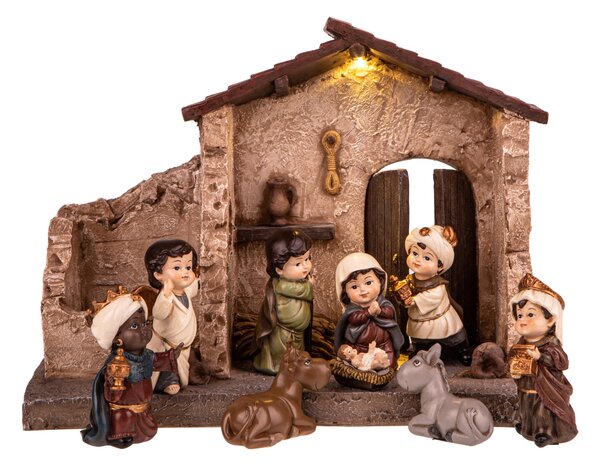 Natività 9 Personaggi con Capanna e Led 16,5 cm in Porcellana