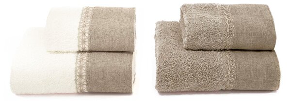 Set Spugna 4 Pezzi Asciugamani Viso + Ospite con Balza e Trina di Lino Garrini Bryanna Beige
