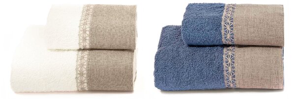 Set Spugna 4 Pezzi Asciugamani Viso + Ospite con Balza e Trina di Lino Garrini Bryanna Denim