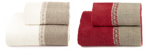 Set Spugna 4 Pezzi Asciugamani Viso + Ospite con Balza e Trina di Lino Garrini Bryanna Bordeaux