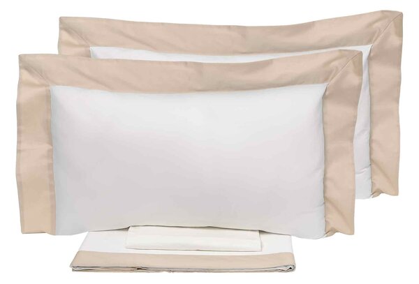 Set Lenzuola Matrimoniale Sopra Sotto e Federe Bordi in Raso Garrini Eveline Avorio/Beige