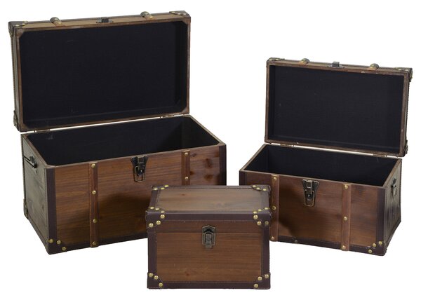 Set 3 Baule in legno e Similpelle marrone rettangolare