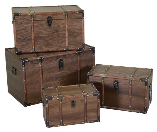 Set 4 Baule in legno e Similpelle marrone rettangolare