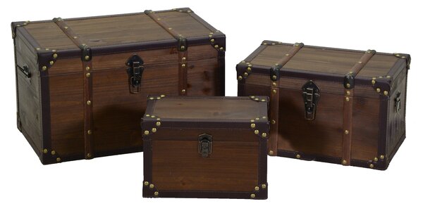 Set 3 Baule in legno e Similpelle marrone rettangolare