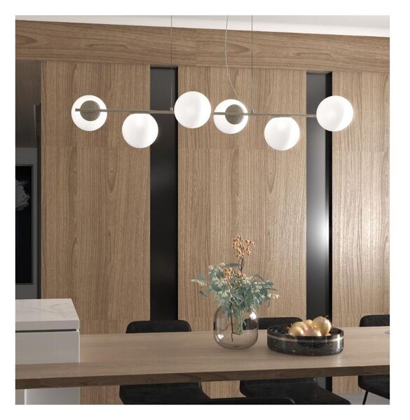SOSPENSIONE 6 LUCI LINEARE IN METALLO NERO O SABBIA E DIFFUSORI IN VETRO BIANCO LAMPADINE ATTACCO E27