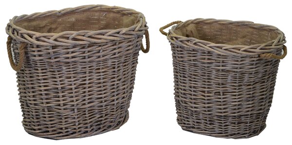 Set 2 portalegna in vimini con manici foderata juta naturale ovale