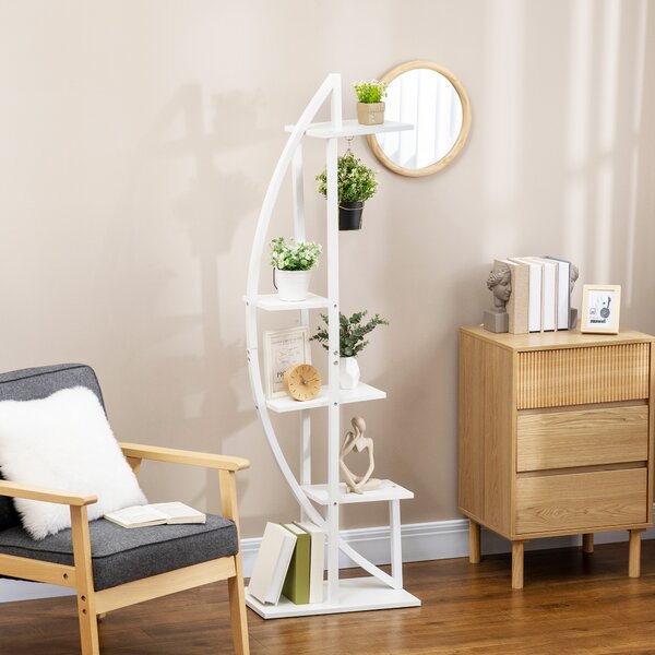 Outsunny Portafiori a 5 Livelli a Mezzaluna per Interni ed Esterni in MDF e Acciaio, 50x30x160 cm, Bianco|Aosom