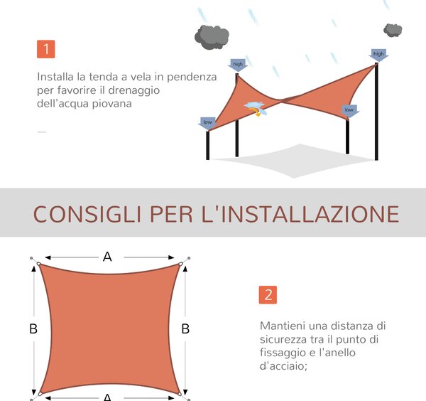 Outsunny Tenda a Vela Rettangolare 4x6m, Protezione UV, Corda Inclusa, Materiali PE e Acciaio Inox, Perfetta per Giardino - Rossa|Aosom